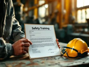 Calloused hands holding a signed safety training certificate with hard hat and safety goggles on wooden table