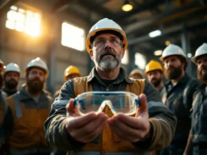 Construction supervisor holding safety goggles while training hard-hatted workers in warehouse with steel beams and natural lighting.
