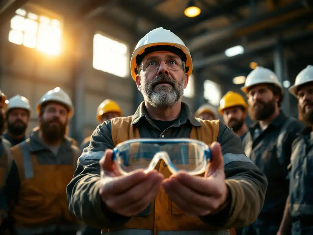 Construction supervisor holding safety goggles while training hard-hatted workers in warehouse with steel beams and natural lighting.