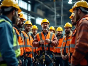 Safety supervisor demonstrating harness techniques to diverse group of construction workers in yellow hard hats and hi-vis vests.
