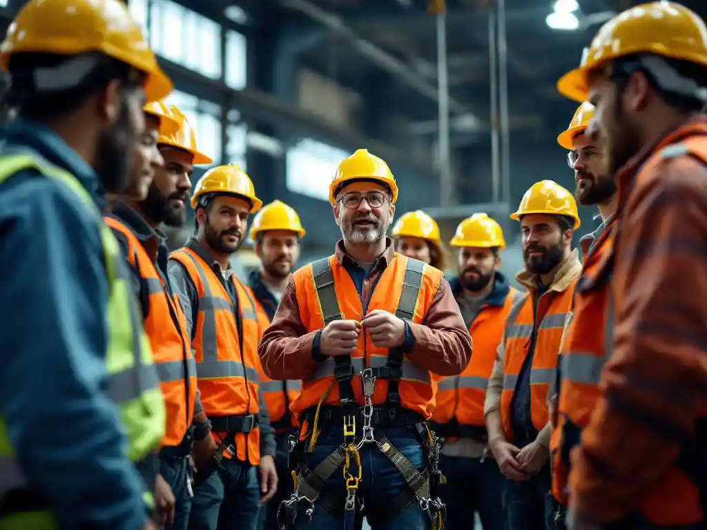 Safety supervisor demonstrating harness techniques to diverse group of construction workers in yellow hard hats and hi-vis vests.