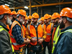 Construction safety supervisor demonstrating proper harness technique to diverse group of workers in hard hats and high-vis vests