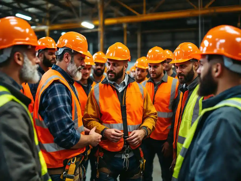 Construction safety supervisor demonstrating proper harness technique to diverse group of workers in hard hats and high-vis vests