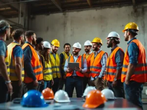 Safety instructor with tablet teaching diverse group of construction workers and office staff in workplace training session