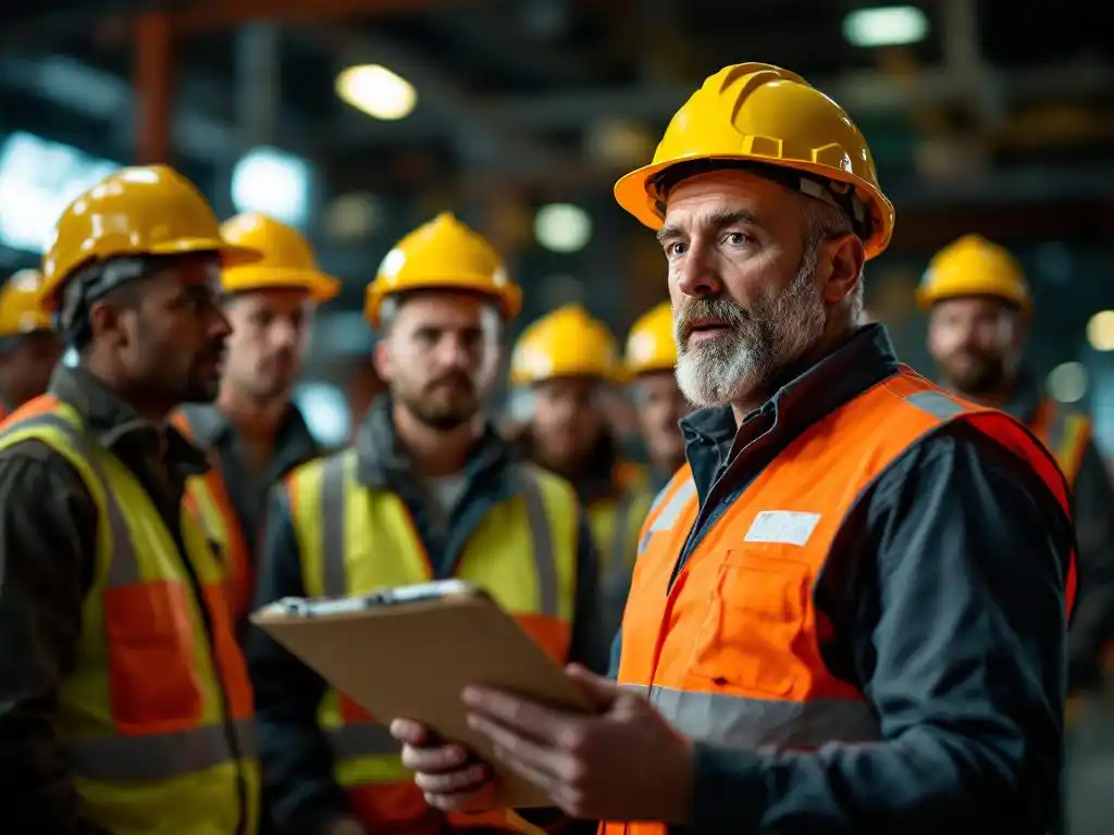Safety instructor with clipboard addressing engaged workers in hard hats and high-vis vests during workplace training session.