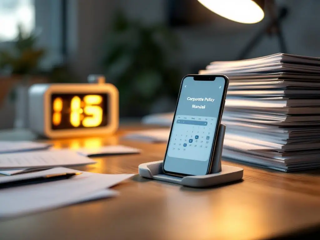Smartphone displaying calendar notification on office desk next to corporate policy manuals under LED desk lamp