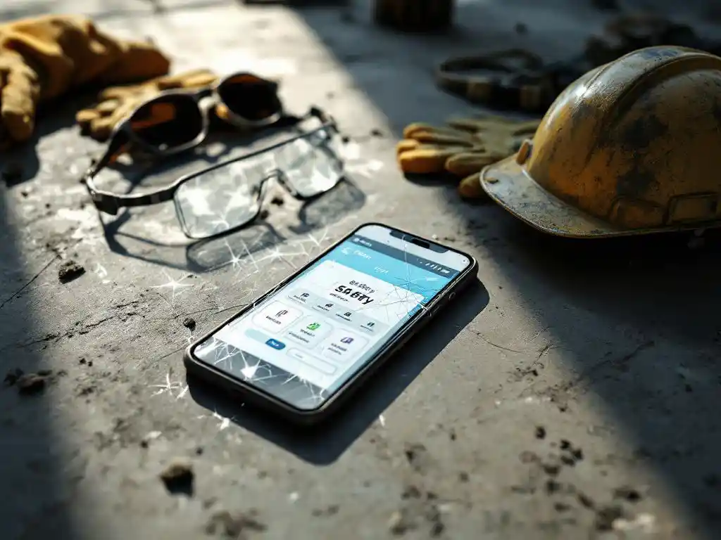 Cracked smartphone displaying safety app lies abandoned on construction site floor with unused hard hat and safety equipment