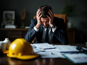 Stressed businessman in suit holding head in hands at desk with scattered financial documents and safety equipment