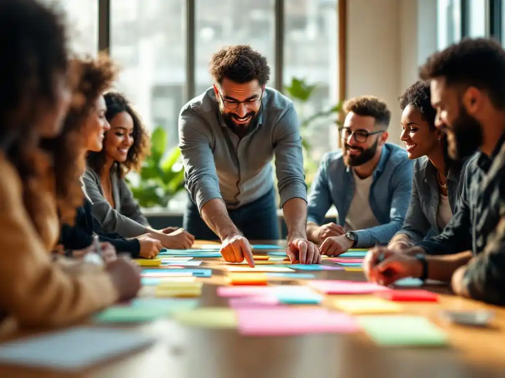 Diverse team collaborating around conference table with colorful sticky notes, facilitator guiding discussion in bright office
