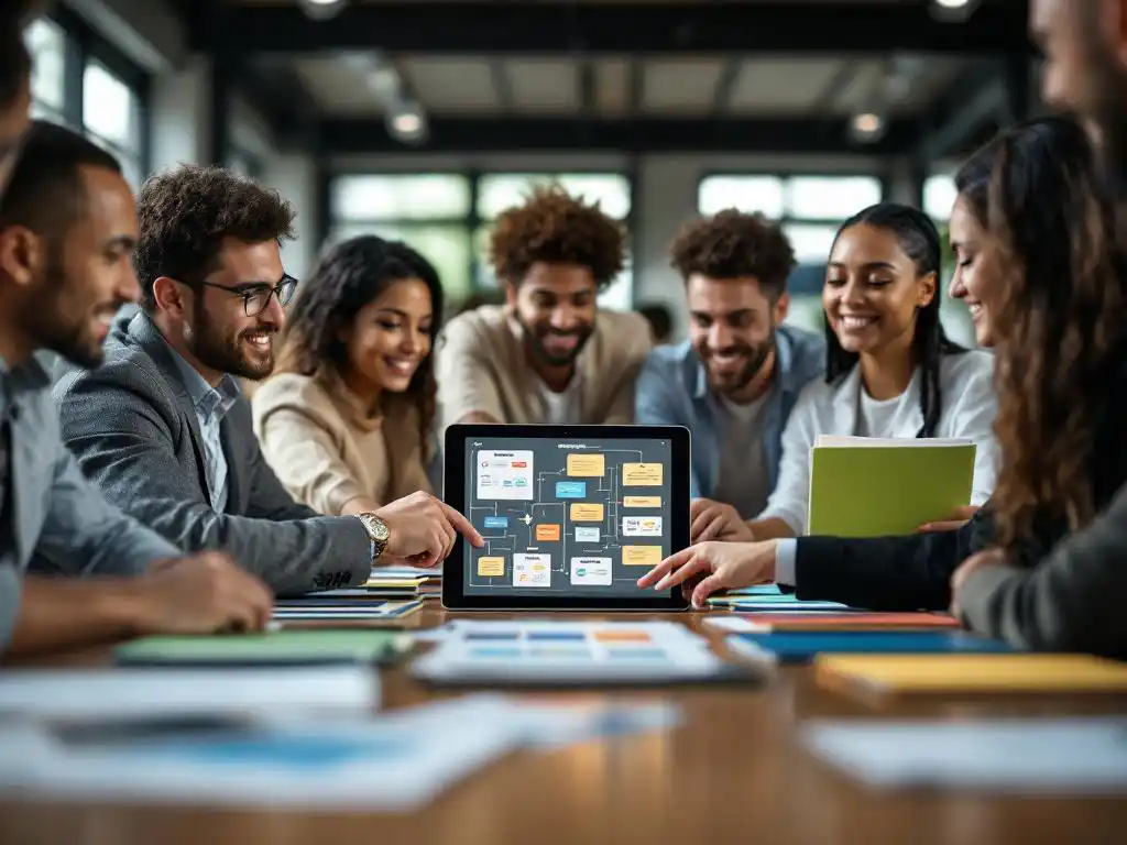 Diverse professionals collaboreren rond conferentietafel met gekleurde mappen en tablet met workflow diagrammen