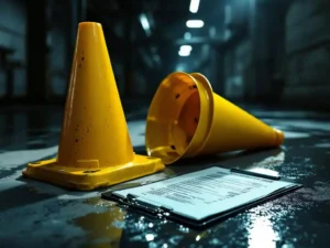 Construction worker's hard hat and fallen safety cone on wet concrete floor with scattered incident report forms nearby.
