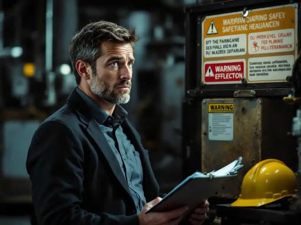 Business professional with confused expression holding safety clipboard next to industrial machinery with multilingual warning labels.