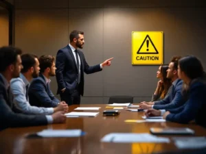 Business trainer pointing at yellow caution sign while diverse employees listen attentively at conference table during safety training session.