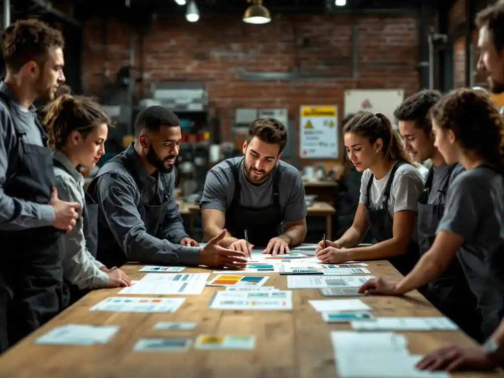Supervisor demonstrating task to diverse group of workers around workbench with instruction cards and safety materials