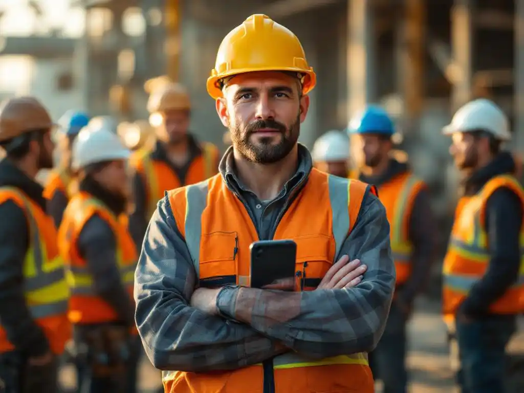 Bouwsupervisor toont WhatsApp-berichten op smartphone aan werknemers met veiligheidshelmen op bouwplaats