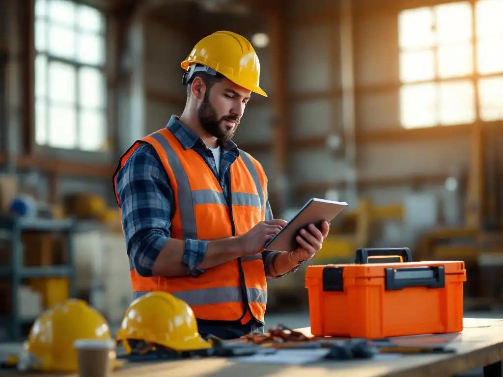 Bouwopzichter met digitale tablet controleert veiligheidslijsten naast oranje gereedschapskist en helmen op werktafel