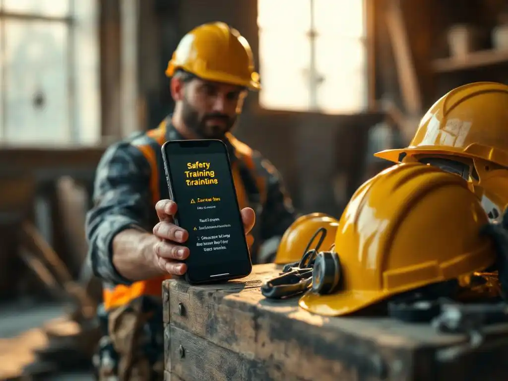Bouwvakker houdt smartphone met veiligheidstraining vast naast gele helmen en gereedschap op houten werkbank