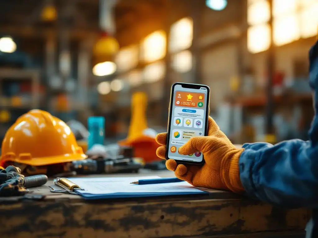 Bouwvakker houdt smartphone met kleurrijke prestatiebadges vast, omringd door veiligheidshelm en gereedschap op houten kist