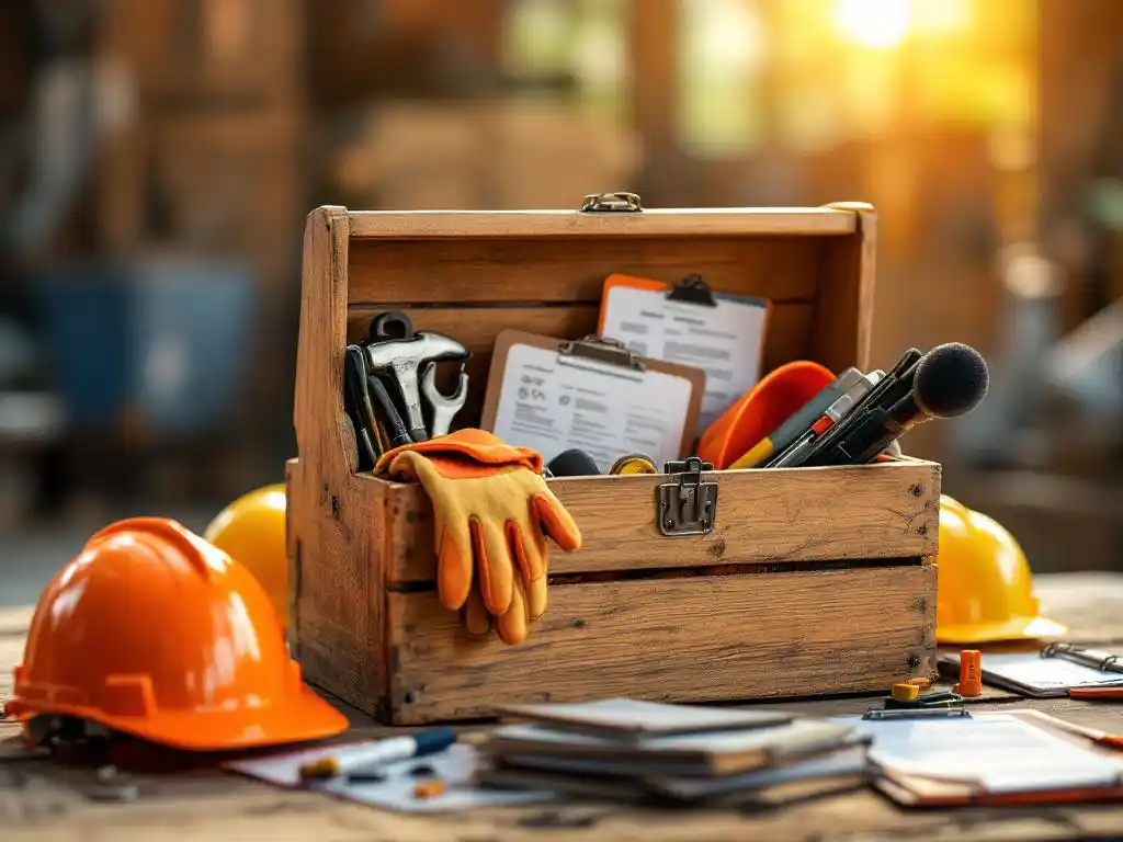 Geopende houten gereedschapskist met veiligheidsuitrusting en werkhandschoenen op bouwplaats tafel