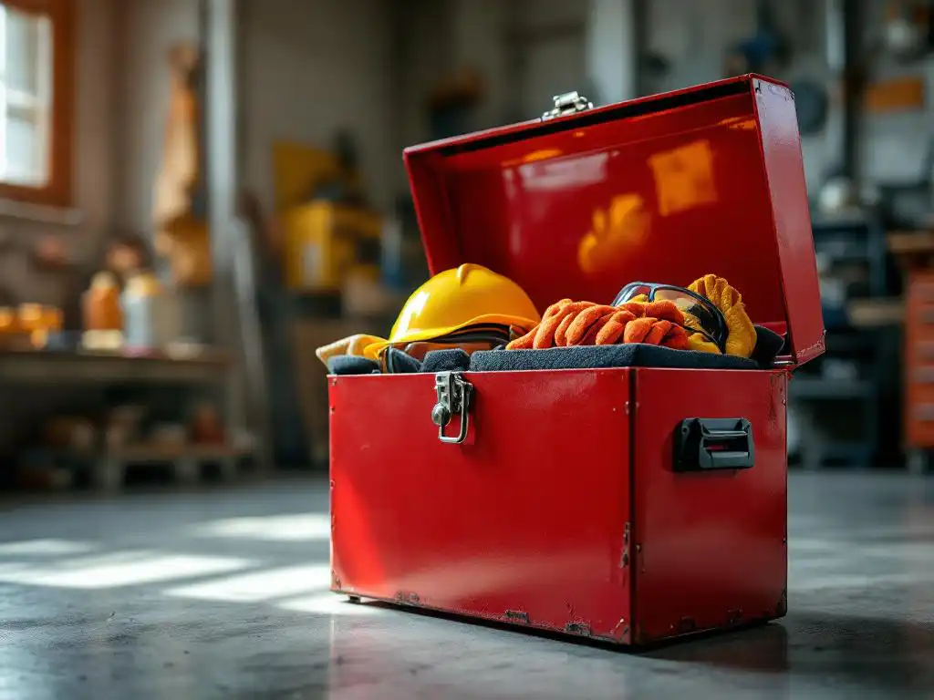 Rode metalen gereedschapskist met gele veiligheidshelm, oranje handschoenen en veiligheidsbril in schuimvoering