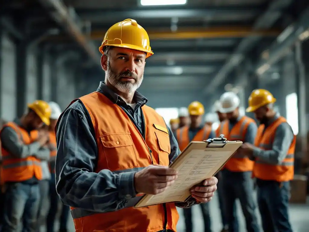 Bouwopzichter met klembord staat voor afgeleid werkteam in veiligheidshelmen in industriële magazijnruimte