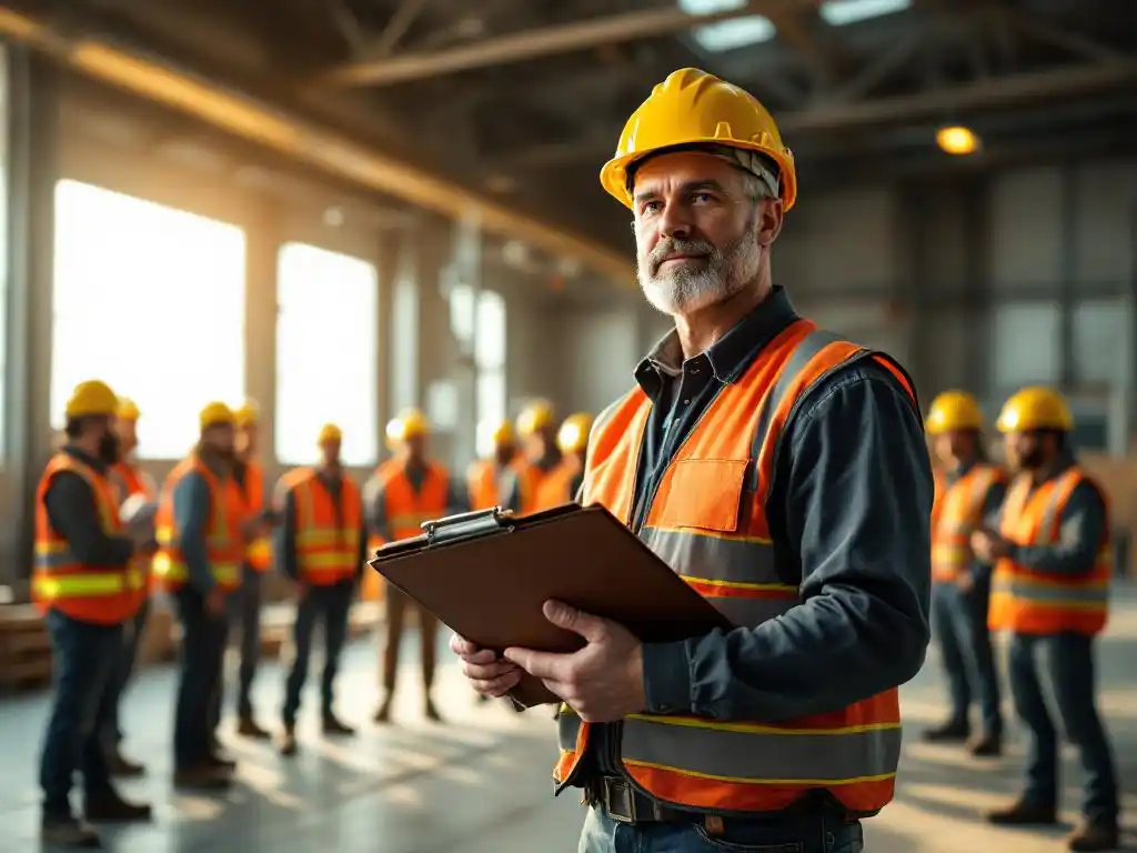 Bouwsupervisor met leren klembord leidt veiligheidsbriefing voor werknemers in hesjes in industriële loods