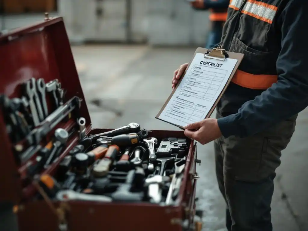 Veiligheidssupervisor met checklist naast open rode gereedschapskist op betonnen magazijnvloer, collega op achtergrond