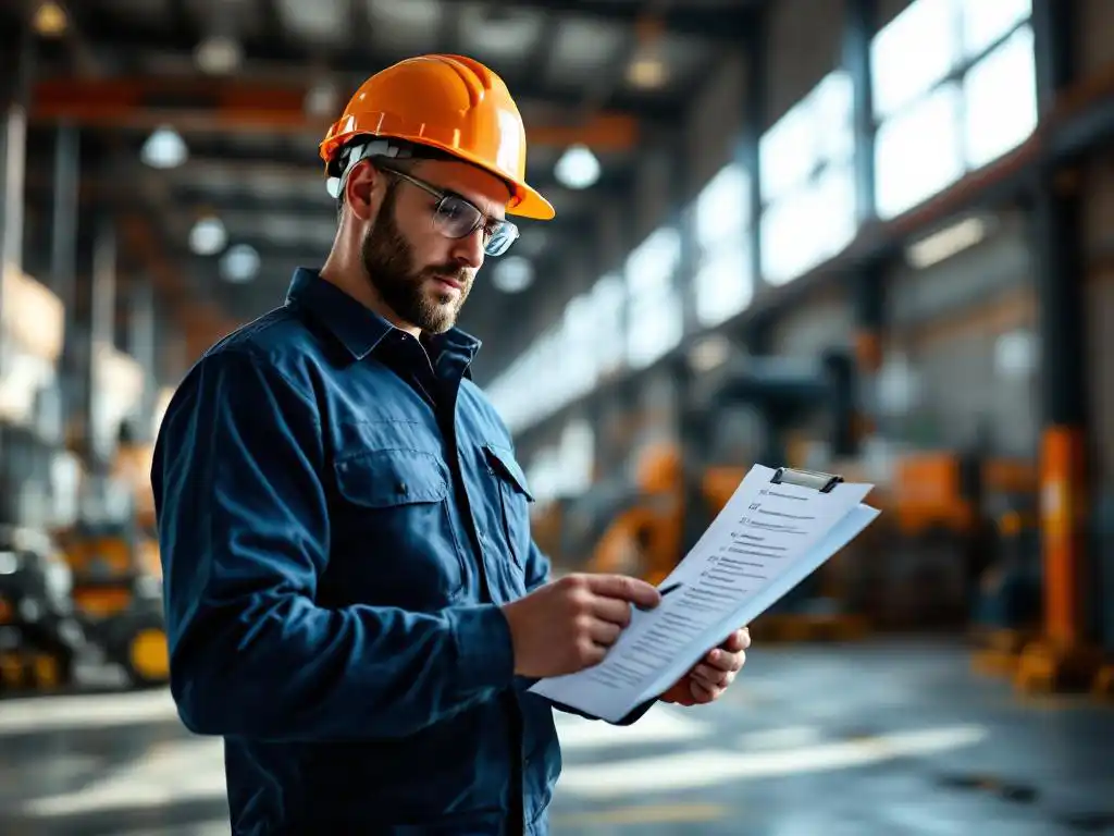 Veiligheidssupervisor controleert industriële apparatuur met papieren checklist in moderne magazijn met natuurlijk licht