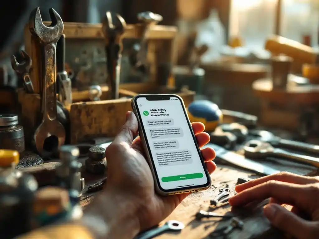 Smartphone met WhatsApp werkveligheidsinstructies op houten gereedschapskist omringd door traditionele handgereedschap in werkplaats