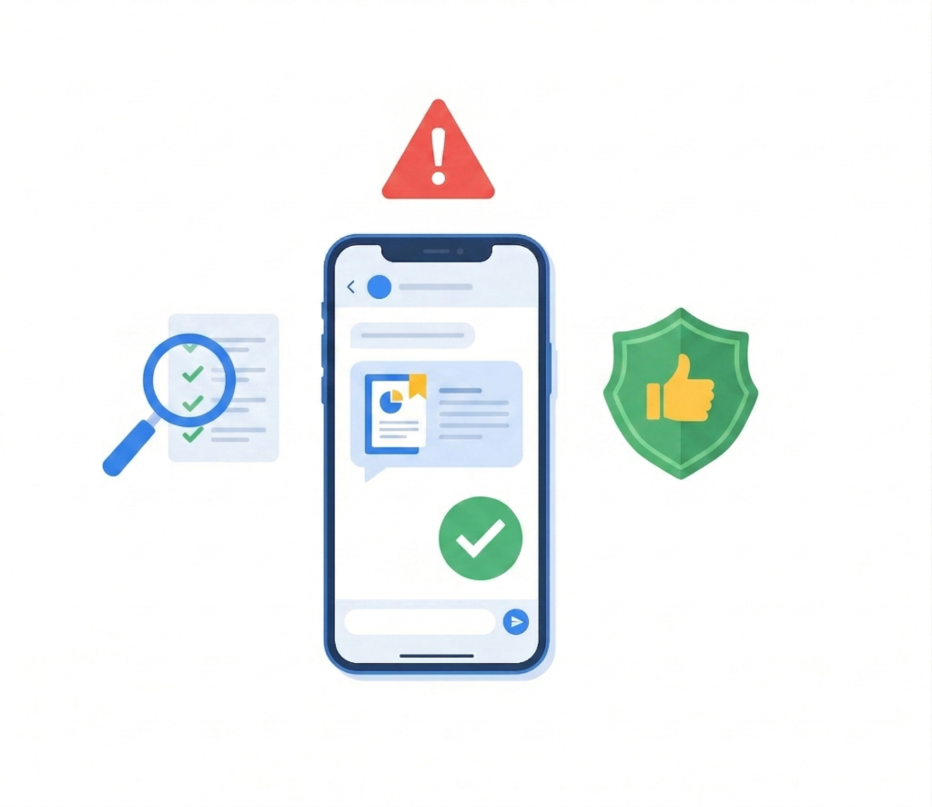 Werkplekinspecties en audits uitvoeren via WhatsApp, met een vergrootglas, waarschuwingsdriehoek en een groen vinkje voor compliance.