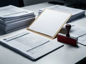 Stapel auditdocumenten en compliance-checklists op kantoorbureau met opengevallen map en rood stempel.