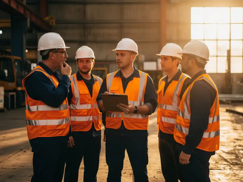 Bouwvakkers in veiligheidshelmen en hesjes luisteren naar teamleider met klembord op werkvloer in warm ochtendlicht.