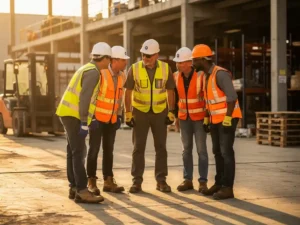 Vijf bouwvakkers in hesjes en helmen luisteren aandachtig naar een voorman op een actieve bouwplaats in middaglicht.