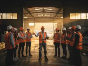 Bouwplaatsvoorman met klembord bespreekt instructies met helmgedragende arbeiders tijdens gouden uur in industrieel magazijn.
