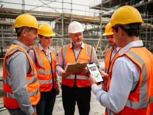 Bouwvakkers in oranje veiligheidsvesten overleggen met voorman met klembord op bouwplaats, één werknemer bekijkt veiligheidsbericht op telefoon.