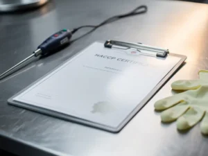 Gelamineerd HACCP-certificaat op roestvrijstalen klembord, naast voedselveilige thermometer en latexhandschoenen op professioneel keukenoppervlak.