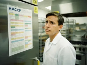 Voedselmedewerker in witte jas bekijkt verward een gelamineerde HACCP-checklist op roestvrijstalen keukenmuur.