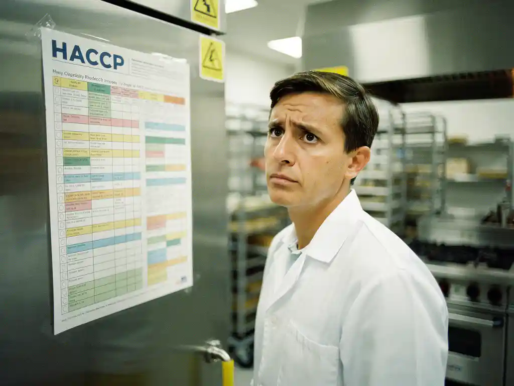 Voedselmedewerker in witte jas bekijkt verward een gelamineerde HACCP-checklist op roestvrijstalen keukenmuur.
