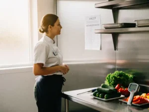 Nieuwe keukenmedewerker bestudeert HACCP-temperatuurlijst in commerciële keuken, met groenten en digitale kernthermometer op het aanrecht.