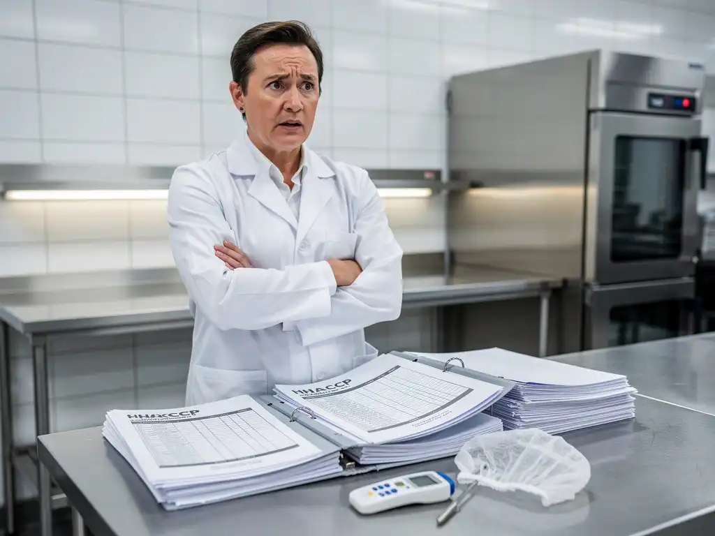 Gefrustreerde voedselveiligheidstrainer met gekruiste armen in commerciële keuken, omringd door HACCP-mappen en checklists op roestvrijstalen werktafel.