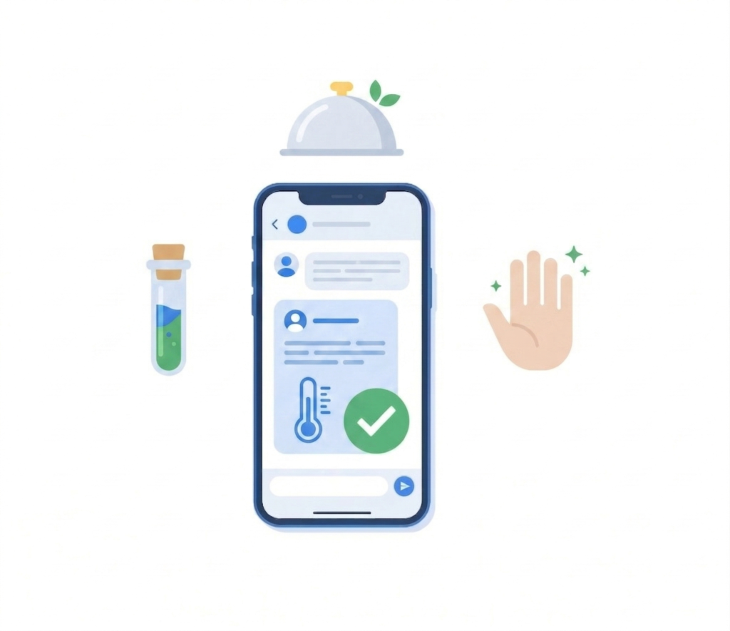 HACCP training via WhatsApp on a mobile phone, surrounded by icons representing food safety, temperature control and personal hygiene.