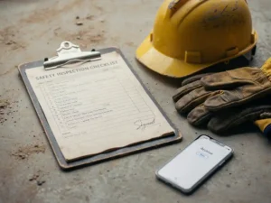 Versleten veiligheidklembord met ondertekende inspectielijst op betonvloer, gele bouwhelm, werkhandschoenen en smartphone ernaast.