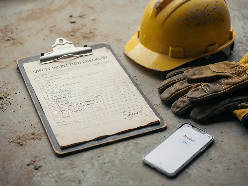 Versleten veiligheidklembord met ondertekende inspectielijst op betonvloer, gele bouwhelm, werkhandschoenen en smartphone ernaast.