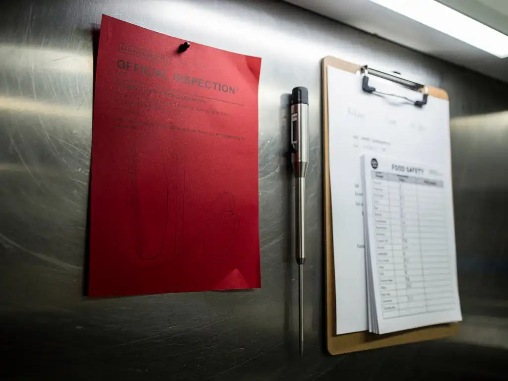 Rode officiële inspectiemelding op roestvrijstalen keukenoppervlak naast klembord met boetedocumentatie en voedselveiligheidslogboek.