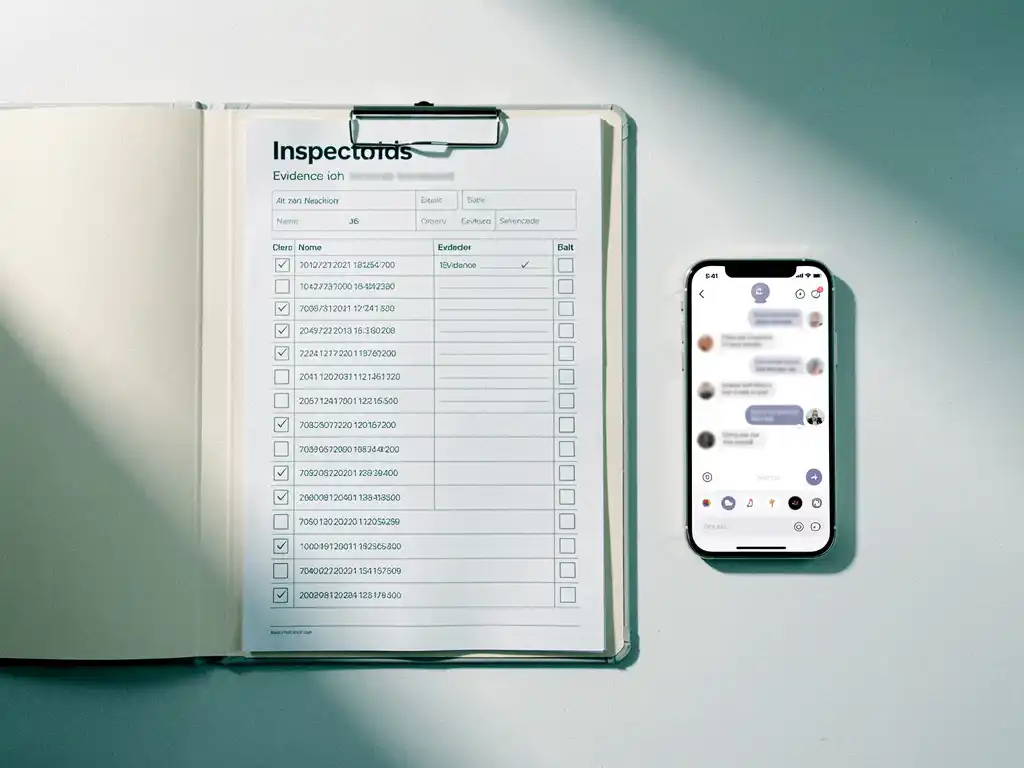 Open inspectiemap met ingevulde checklists en tijdgestempelde formulieren naast smartphone met WhatsApp-gesprek, bovenaanzicht.