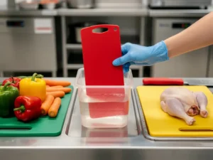 Gehandschoende hand die een kleurgecodeerde snijplank in een sanitaire bak plaatst, met gescheiden zones voor rauwe groenten en kip op een roestvrijstalen keukenblad.
