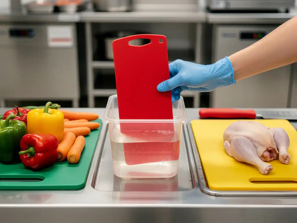 Gehandschoende hand die een kleurgecodeerde snijplank in een sanitaire bak plaatst, met gescheiden zones voor rauwe groenten en kip op een roestvrijstalen keukenblad.