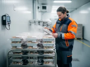 Logistiek medewerker inspecteert verzegelde voedselpakketten op roestvrijstalen pallet in gekoeld magazijn, adem zichtbaar in koude lucht.