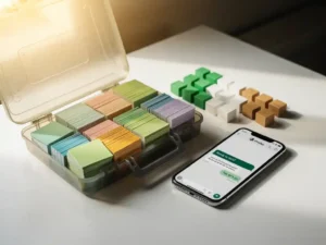 Geopende gereedschapskist met kleurgecodeerde leerkaarten, smartphone met WhatsApp en modulaire blokken op wit bureau in warm goudlicht.