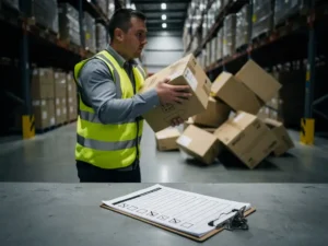 Afgeliede magazijnmedewerker in veiligheidsvest die breekbare dozen verkeerd hanteert, met omvallende dozen op de achtergrond.